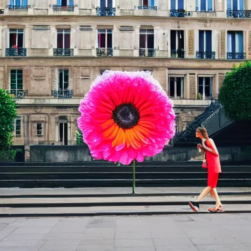 Image similar to giant flower head, woman walking in paris, surreal photography, symmetry, flat space, fanciful, bright colours, detailed, wes anderson