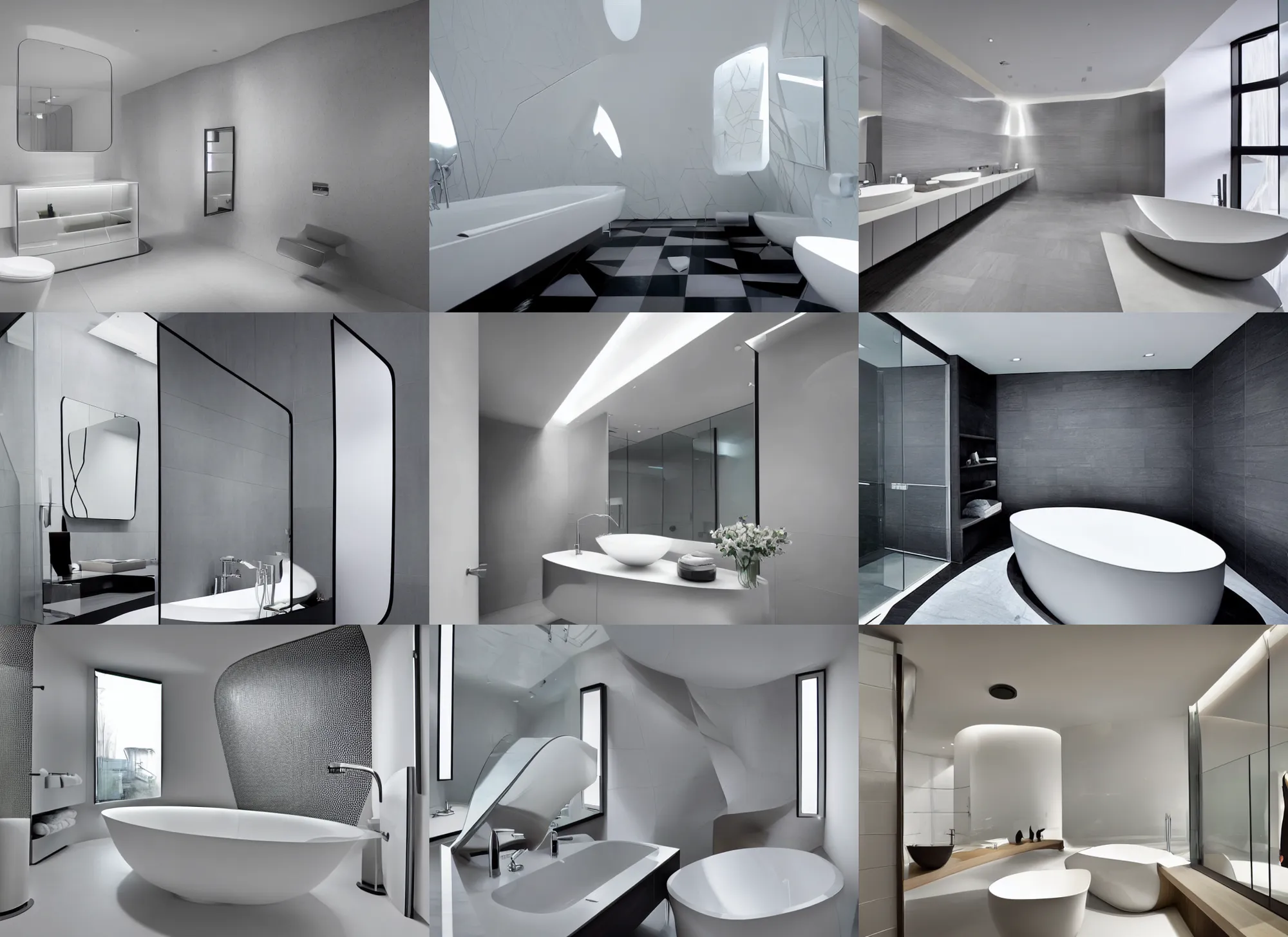 Prompt: a modern bathroom designed by zaha hadid