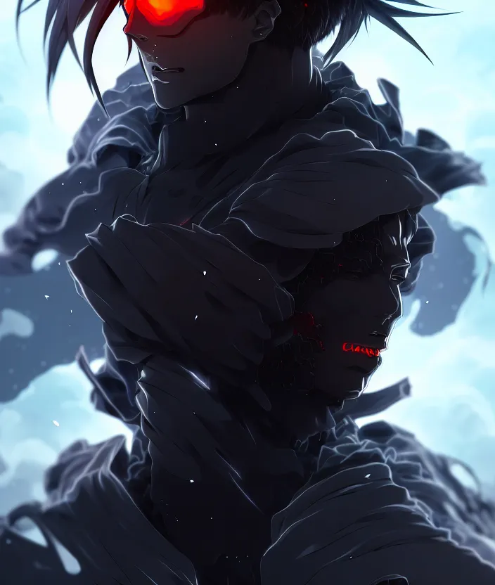 Image similar to a detailed manga illustration character full body portrait of a dark haired cyborg anime man shrouded in clouds of dark smoke and fire, trending on artstation, digital art, 4 k resolution, detailed, high quality, sharp focus, hq artwork, insane detail, concept art, character concept, character illustration, full body illustration, cinematic, dramatic lighting