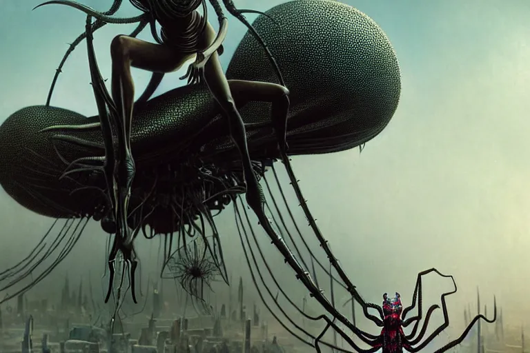 Image similar to realistic detailed photorealistic closeup portrait movie shot of a beautiful black woman riding a giant spider, dystopian city landscape background by denis villeneuve, amano, yves tanguy, alphonse mucha, ernst haeckel, edward robert hughes, roger dean, cyber necklace, rich moody colours, sci fi patterns, wide angle