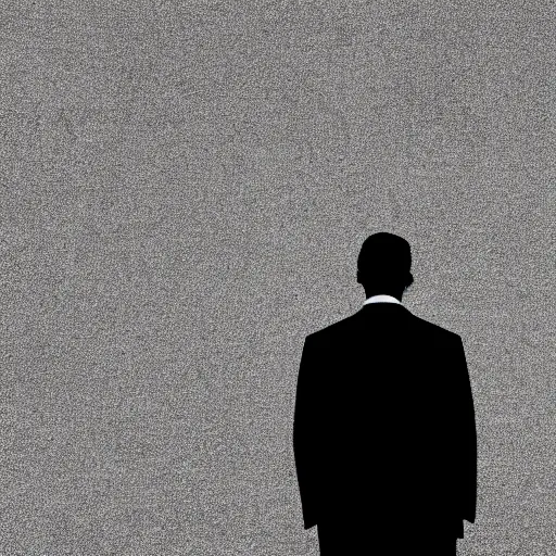 Prompt: black background, white silhouette of a man in suit, wide angle