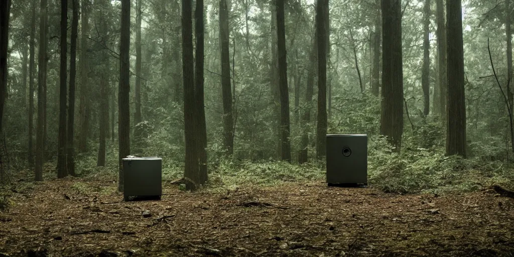 Image similar to washing machine in a forest shot by david fincher