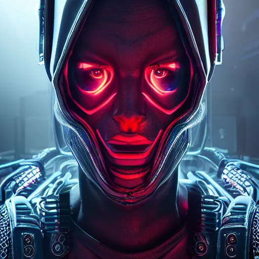 Image similar to evil cyberpunk dark lord, highly detailed, photorealistic portrait, bright studio setting, studio lighting, crisp quality and light reflections, unreal engine 5 quality render