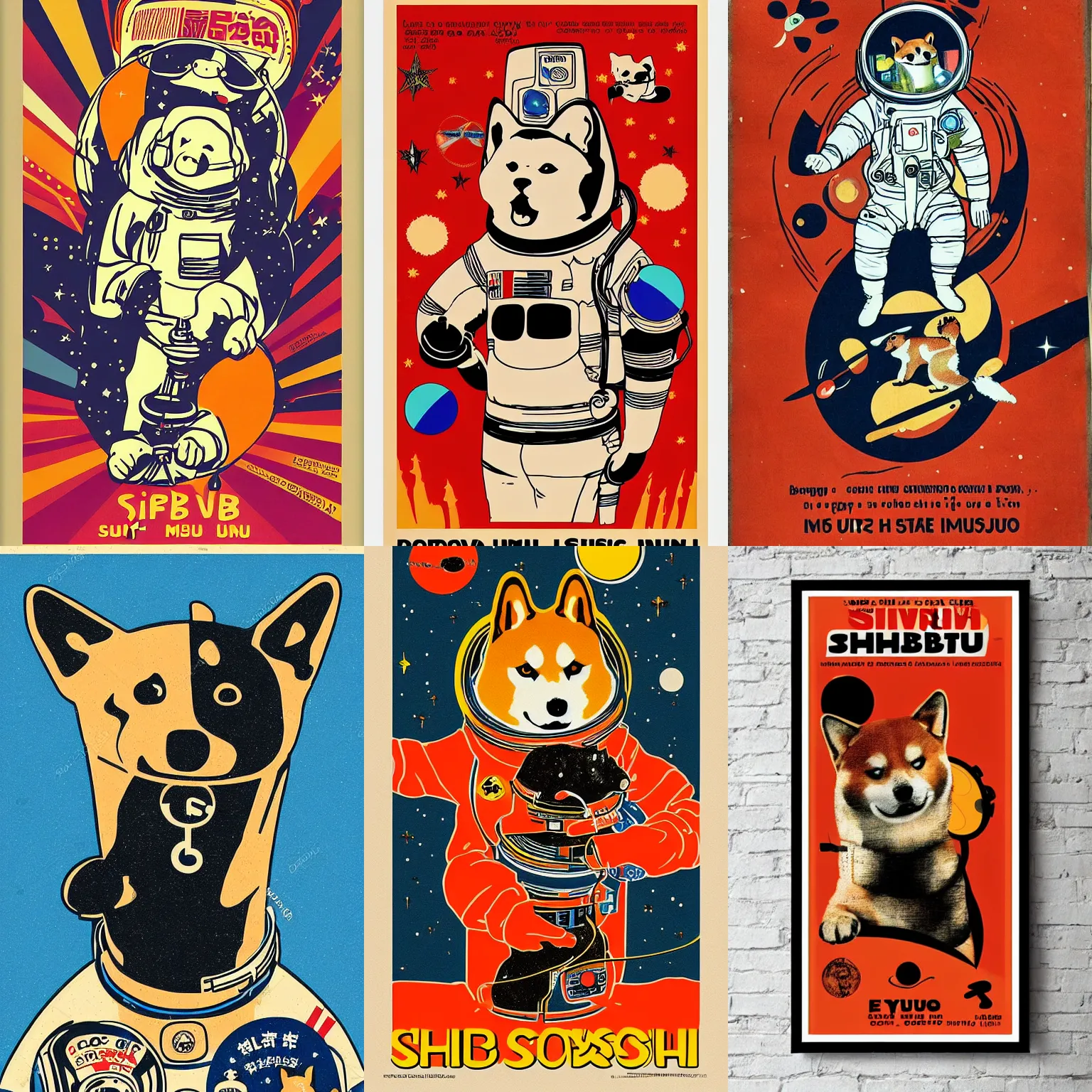 Image similar to Shiba Inu cosmonaut, 60s poster, in the style of a music poster 1968