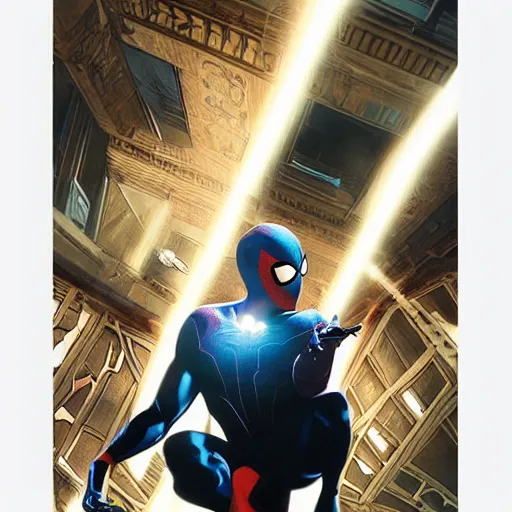 Image similar to ryan reynolds as a black and blue suit spider - man, cinematic, volumetric lighting, f 8 aperture, cinematic eastman 5 3 8 4 film, photorealistic by greg rutkowski, by stanley artgerm, by alphonse mucha