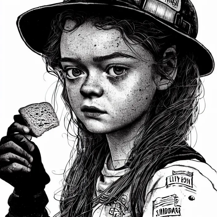 Prompt: extreme close - up on sadie sink as a miner : she lifts a slice of bread with her hand. background : black tiles on walls. black and white, pencil and ink. by gabriel hardman, joe alves, chris bonura. cinematic atmosphere, detailed and intricate, perfect anatomy