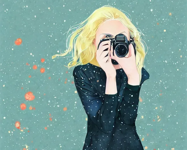 Prompt: pale young woman with bright blonde hair, freckles, big bright eyes and a very wide face, flowery dress, she is holding a professional dslr camera close to her face with her hands, expressive, surrealism, emotional watercolor art by conrad roset