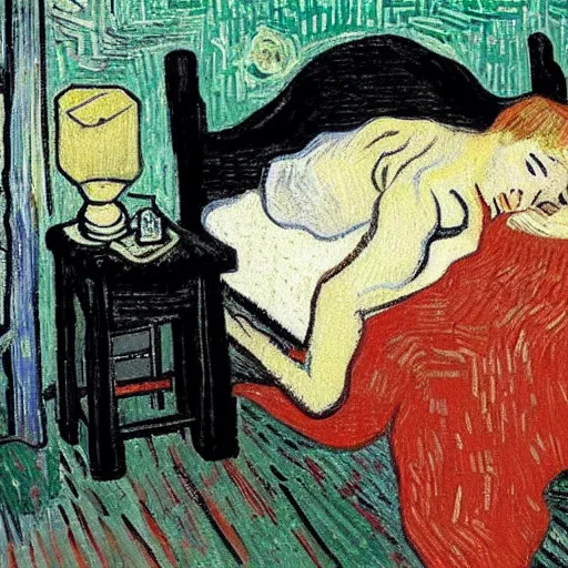 Image similar to a queen size bed taking a huge dump on amber heard after she had fallen into a puddle. in the smart style of vincent van gogh. ultra high resolution. high detail. high contrast.