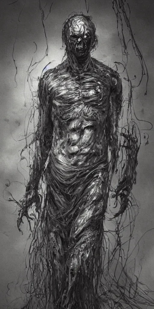 Image similar to concept art of a man with his body covered in burns, with black smoke coming out of his hands, full body, dark colors, sinister atmosphere, dramatic lighting, cinematic, establishing shot, extremely high detail, photo realistic, cinematic lighting, pen and ink, intricate line drawings, by Yoshitaka Amano, Ruan Jia, Kentaro Miura, Artgerm, post processed, concept art, artstation, matte painting, style by eddie mendoza, raphael lacoste, alex ross,