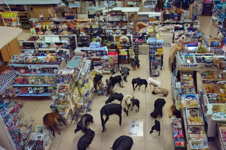 Prompt: overhead view, surveillance, empty pet store with some pets moving around on the floor