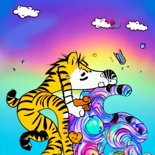 Image similar to calvin and hobbes, lisa frank style