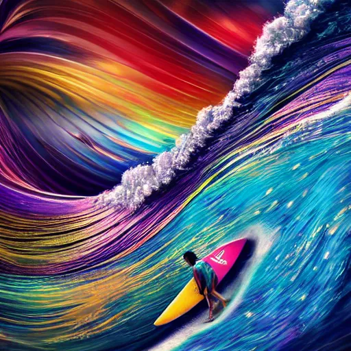 Image similar to surfing on multicolor waves, digital art, cosmic, 3 d high definition, trending on art station, photorealistic, high resolution, v 8 k, octane, hyper detailed, insane details, intricate, elite, ornate, elegant trend, highly detailed and intricate, sharp focus, photography, unreal engine