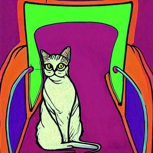 Prompt: an art nouveau cat wearing a hooded cloak, in an elevator with neon panelling, by moebius and james gurney