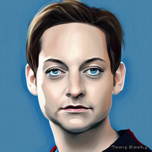 Image similar to portrait of tobey maguire's spider man, highly detailed, centered, solid color background, digital painting