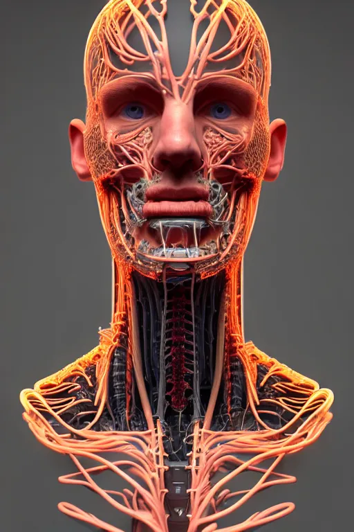 Image similar to 3D render of a rugged profile face portrait of a male cyborg, 150 mm, capacitors, Mandelbrot fractal, anatomical, flesh, facial muscles, neon wires, microchip, veins, arteries, full frame, microscopic, elegant, highly detailed, flesh ornate, elegant, high fashion, rim light, octane render in the style of H.R. Giger and Bouguereau