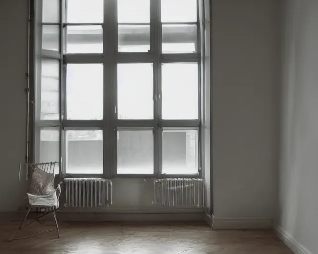 Image similar to Liminal space, clean floor and walls, dimly lit by sunlight from the windows, cosy, relaxing