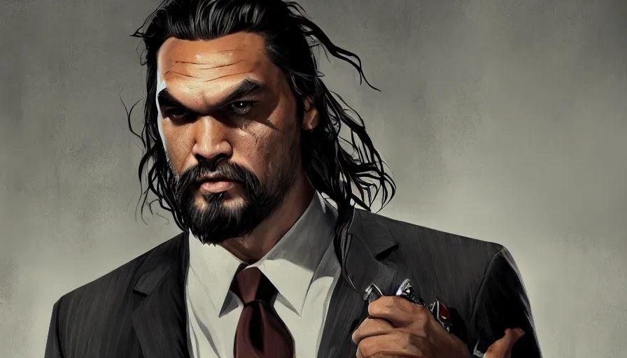 Image similar to Jason Momoa as a mafia boss in suit and tie, hyperdetailed, artstation, cgsociety, 8k