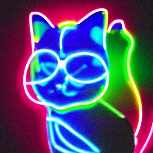 Prompt: A glass sculpture of a cat in a dark room surrounded by neon lights, trending on artstation, photorealistic