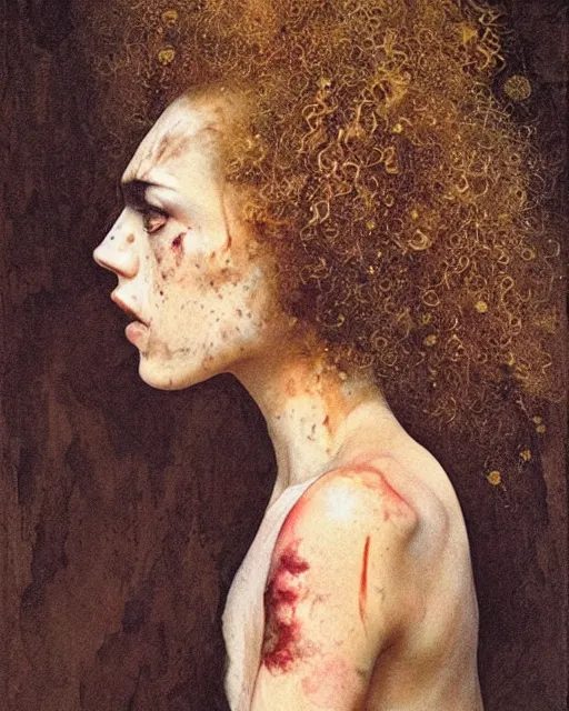Image similar to a beautiful and eerie baroque painting of a gorgeous young woman bleeding in dead space. She has wild, curly hair, freckles and violence in her eyes photographed in the 1970s, by Alan Lee