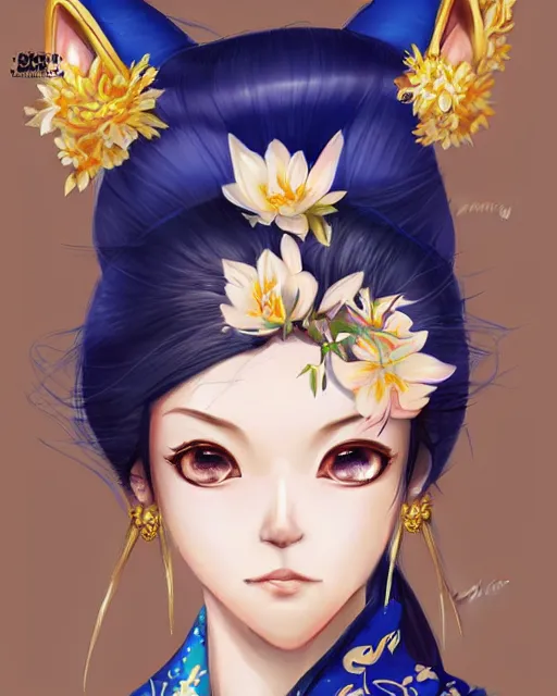 Image similar to Ssunbuki as a woman with fox ears and a royal blue kimono with gold flowers, Yakuza, portrait, visualartzi, korean, concept art by Karla Ortiz, James Paick, Charlie Bowater, Krenz Cushart, highly detailed, ultra detailed, ultra realistic, trending on artstation, cgstudio