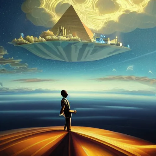 Prompt: a young thoughtful black man in a designer suit making a fingers tented gesture, on cosmic cloudscape with flying pyramids in the background, italian futurism, Dan Mumford, da vinci, Josan Gonzalez