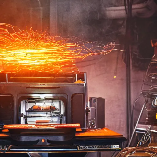 Image similar to overcharging toaster oven, tangles of metallic cables, dark messy smoke - filled cluttered workshop, dark, dramatic lighting, orange tint, sparks, plasma charges, cinematic, highly detailed, sci - fi, futuristic, movie still