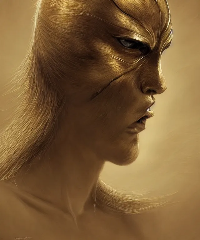 Image similar to golden pencil drawing of beautiful robot - cat woman face, goddess, beautiful blonde hair flying in the wind, hyper realistic face, in the style of greg rutkowski, beksinski, fantasy, amazing detail, epic, elegant, smooth, sharp focus, from the front, octan render