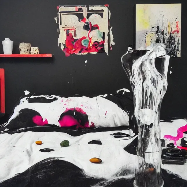 Image similar to bedroom room with black walls and a futon, sensual portrait of a woman sleeping, cracked handmade pottery vase, white flowers on the floor, puddle of water, octopus, squashed berries, neo - expressionism, surrealism, acrylic and spray paint and oilstick on canvas