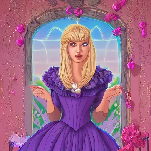 Prompt: Digital art of a princess with blonde hair and bangs, wearing a fancy pink ball dress and pearl earings, holding a pink and purple flower boquet in a light pink room by Dan Mumford and Sandra Chevrier, 4k