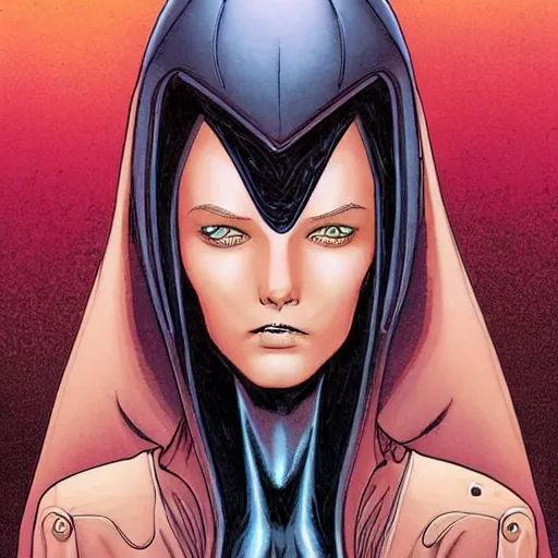 Image similar to Tall beautiful female witch with dark hair, futuristic, alien cityscape, symmetrical face, detailed face, full body, graphic novel, colourful, 2D matte, art by Frank Quitely and Moebius,