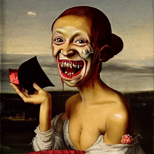 Image similar to an oil painting of an extremely ugly pale vampire woman smiling with skin condition in expensive renaissance dress, Renaissance painting, Renaissance Port City background, vampire teeth, 1450, holding paper fan