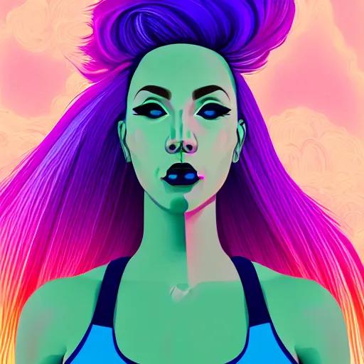 Image similar to a award winning action upper body portrait of a beautiful woman with a ombre purple pink hairstyle with head in motion and hair flying, outrun, vaporware, vivid colors, highly detailed, fine detail, intricate