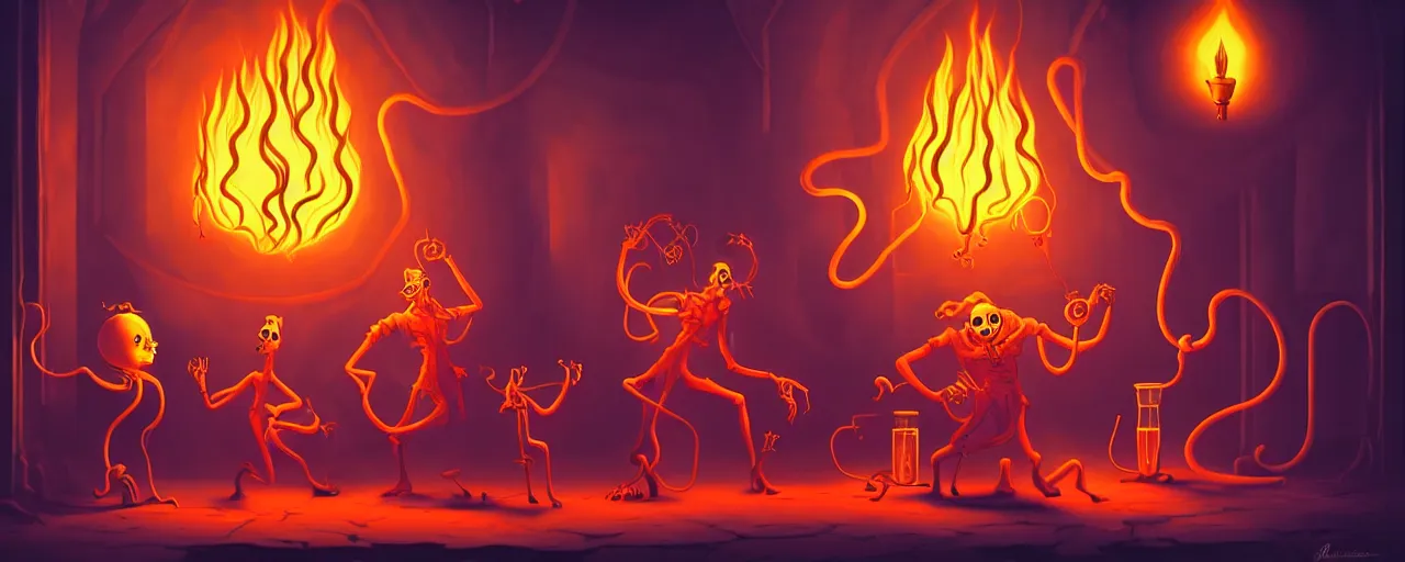 Image similar to uncanny alchemist monsters in a fiery alchemical lab, dramatic lighting, surreal 1 9 3 0 s fleischer cartoon characters, shallow dof, surreal painting by ronny khalil