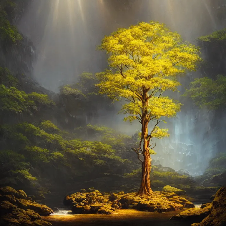 Image similar to A beautiful, highly detailed, very realistic oil painting of a single tree with rainbow leaves, next to a small river, glowing bright blue in the middle of a huge, very dark cave, with lots of dark grey rocks, oil painting by Greg Rutkowski, golden color scheme.