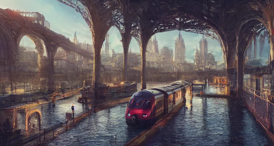 Image similar to An urban train rides inside of a waterway on a fantasy city, next to a fountain and a mystical palace,, hyperdetailed, artstation, cgsociety, golden hour 8k