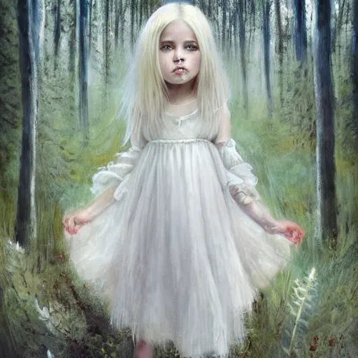 Image similar to a painting of a beautiful little girl in a white dress, white hair, bare foot, pretty symmetrical face, in the middle of a strange forest by Seb McKinnon and WLOP