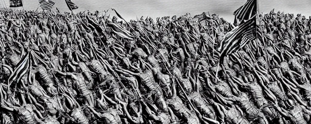 Image similar to androids raising the flag on iwo jima in the style of alex grey and hr giger