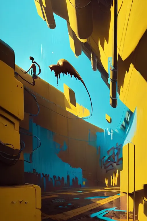 Prompt: matte painting extreme offset 3 d calligraphy graffiti mural wall extreme maximalism by atey ghailan, by greg rutkowski, by greg tocchini, by james gilliard, by joe fenton, yellow, brown, black and cyan color scheme, octane render