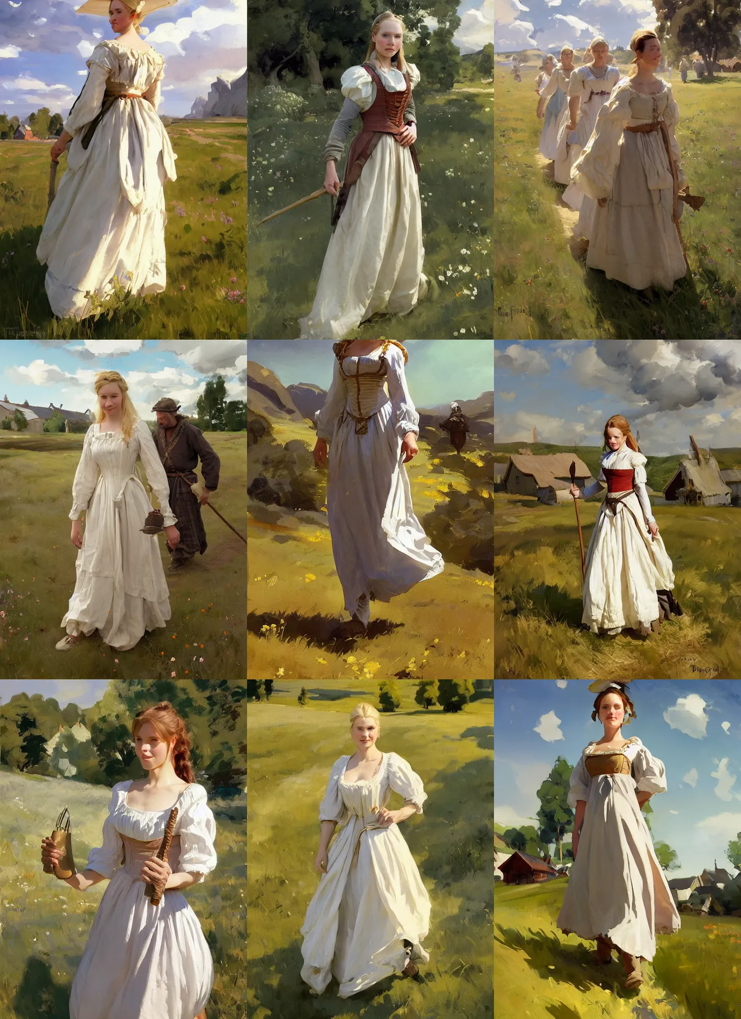 Image similar to finnish norway scandinavian attractive village maiden wearing 1 7 th century bodice walking in the field in a sunny day, jodhpurs greg manchess painting by sargent and leyendecker, studio ghibli, fantasy, medium shot, asymmetrical, intricate, elegant, matte painting, illustration, hearthstone, by greg rutkowski, by greg tocchini, by james gilleard