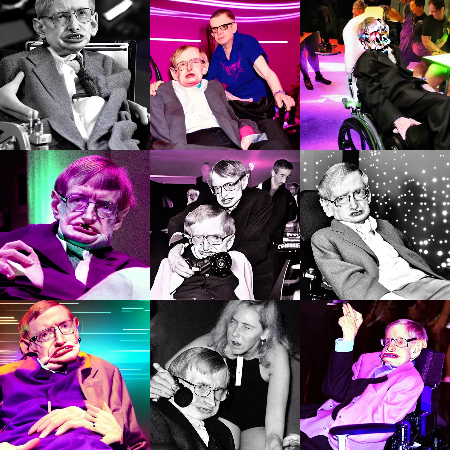 Prompt: Stephen Hawking getting a lap dance, purple lights neon