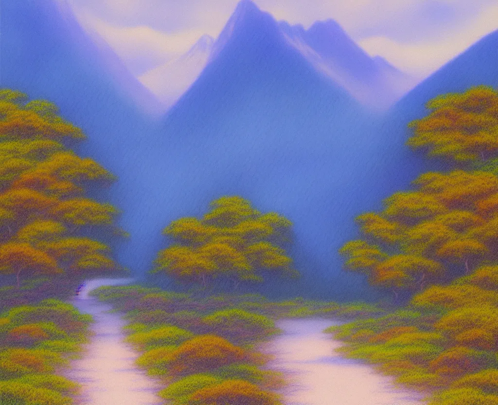 Image similar to a landscape pastel in the style of noriyoshi ohrai and bob ross of a blue reflective path to some misty mountains in the background. along the path stands pillars that reflect in the water. key art. 4 k fantasy