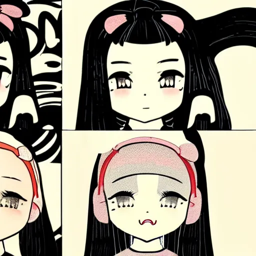 Image similar to beautiful line art of the face detailing cute nendoroid girl in the style of ukiyoe, toon rendering, close-up, flat, flat tone, unshaded, flat shading