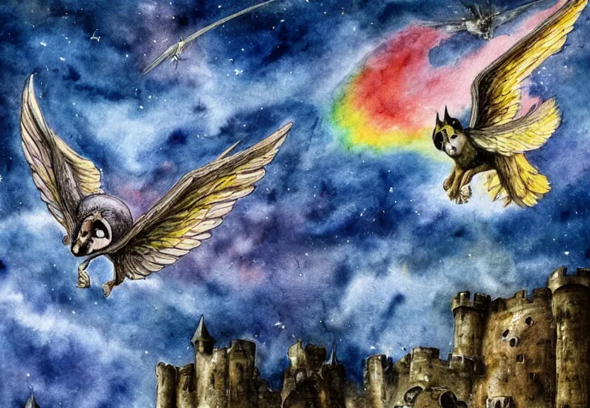 Prompt: legendary rainbow winged possum flying over a medieval castle at night under the dark starred sky, dark fantasy, watercolor, dreaming illusion, highly detailed, 4k, trending on Artstation