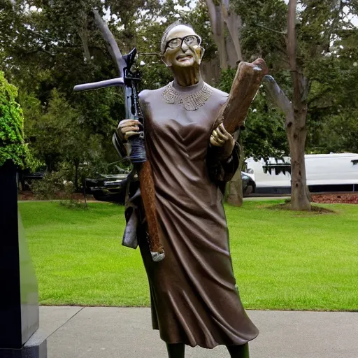 Image similar to bronze statue of Ruth Bader Ginsburg holding a chainsaw over her head