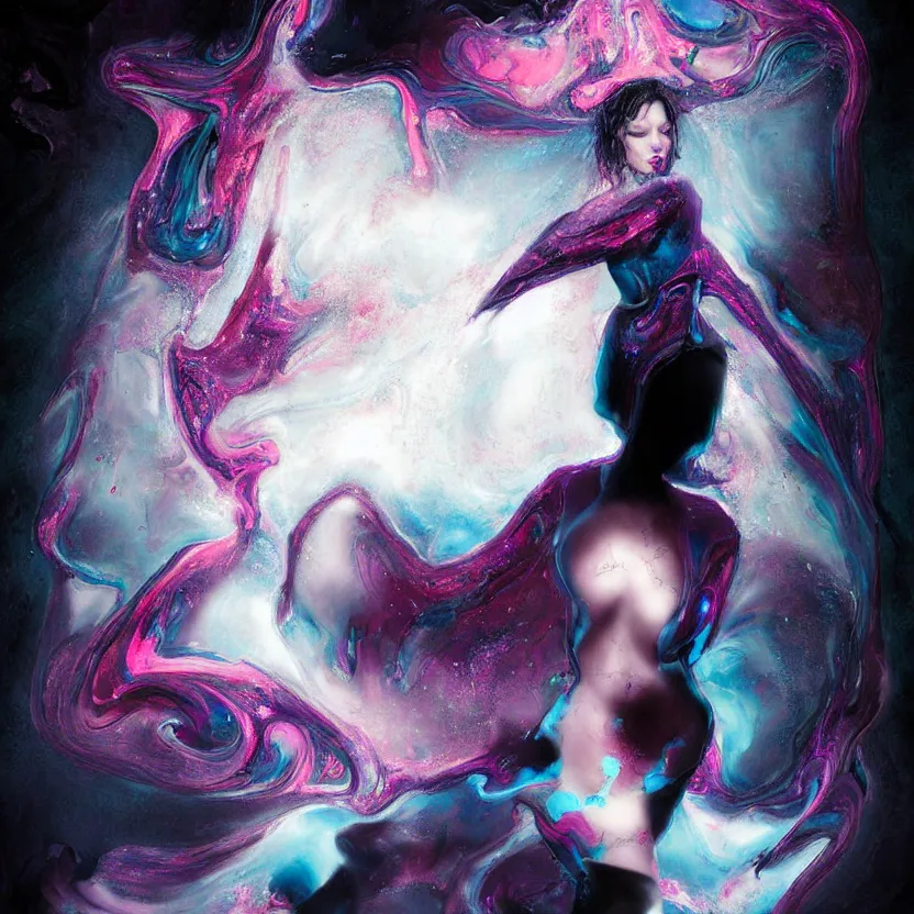 Image similar to a digital painting of a technomancer woman attached by love, floating into a dark void. surrounded by synthesized ai djinn hologram, an ultrafine detailed painting by alberto seveso, a silk screen by julian schnabel, featured on deviantart, modern european ink painting, photoillustration, impressionism, biomorphic, behance hd, lovecraftian