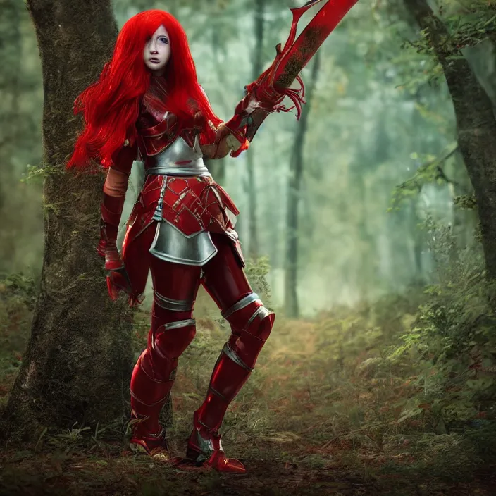 Image similar to a girl with long red hair wearing a red plate armor and holding a big red sword in a forest, 3d render, octane render, unreal engine 5, 8k hdr, hyperrealistic, highly detailed, high quality, concept art, trending on Artstation, full-body armor