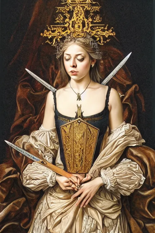 Image similar to hyper realistic painting portrait of the princess of swords, occult diagram, elaborate details, rococo, baroque, gothic, intrincate ornaments, gold decoration, caligraphy, occult art, illuminated manuscript, oil painting, art noveau