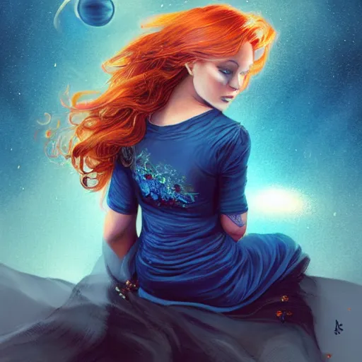 Prompt: a full body portrait of a beautiful tattooed redhead woman sitting, carrying a gun, a planet in the background. blue dress, light iridescent hair color, long windy hair style, fantasy, realistic, intricate, sharp focus, lens flare, bloom, rim light, illustration, highly detailed, digital painting, concept art, matte, art by ruan jia