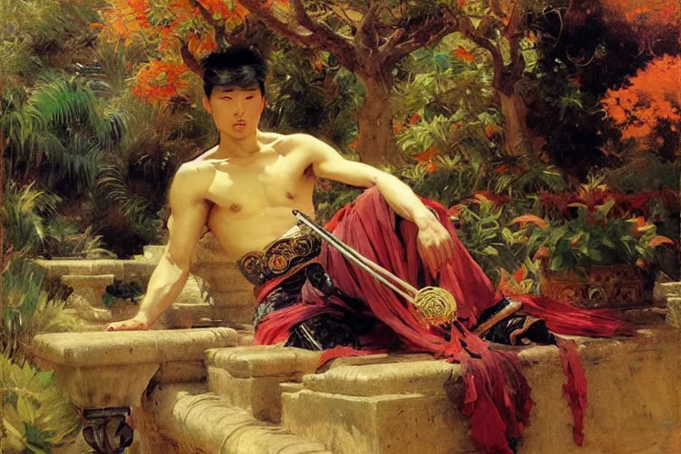 Prompt: wuxia, autumn, attractive male rest in the garden, painting by gaston bussiere, craig mullins, j. c. leyendecker