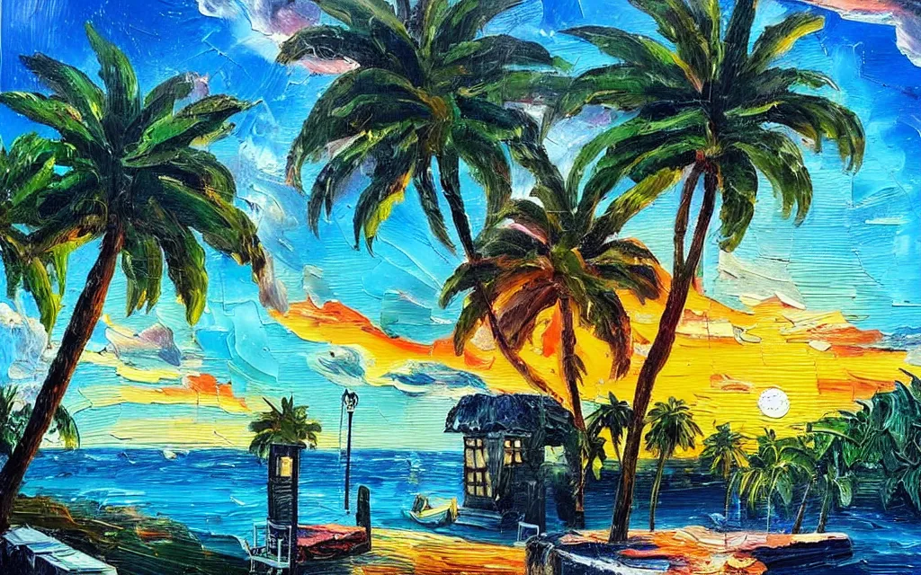 Prompt: a very tiny island surrounded by water with a cute cozy cottage with a terrace, a paved garden courtyard with benches and a fountain, palm trees, river, sunset, puffy clouds, dramatic and dynamic lighting, thick brush strokes oil impasto painting